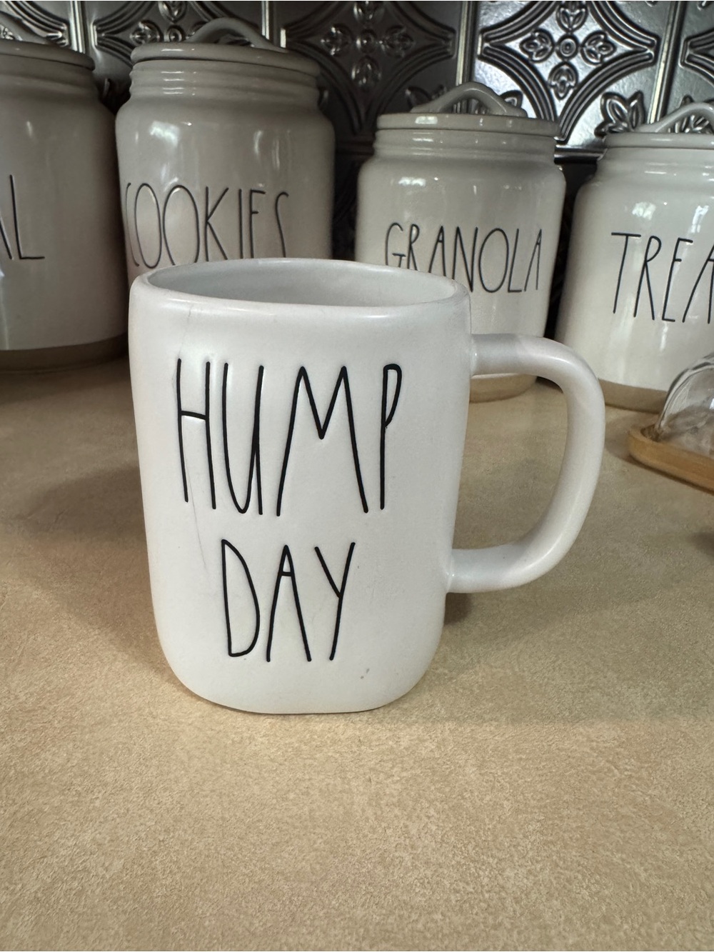 Rae Dunn White 'HUMP DAY' Ceramic Mug *cracked*
